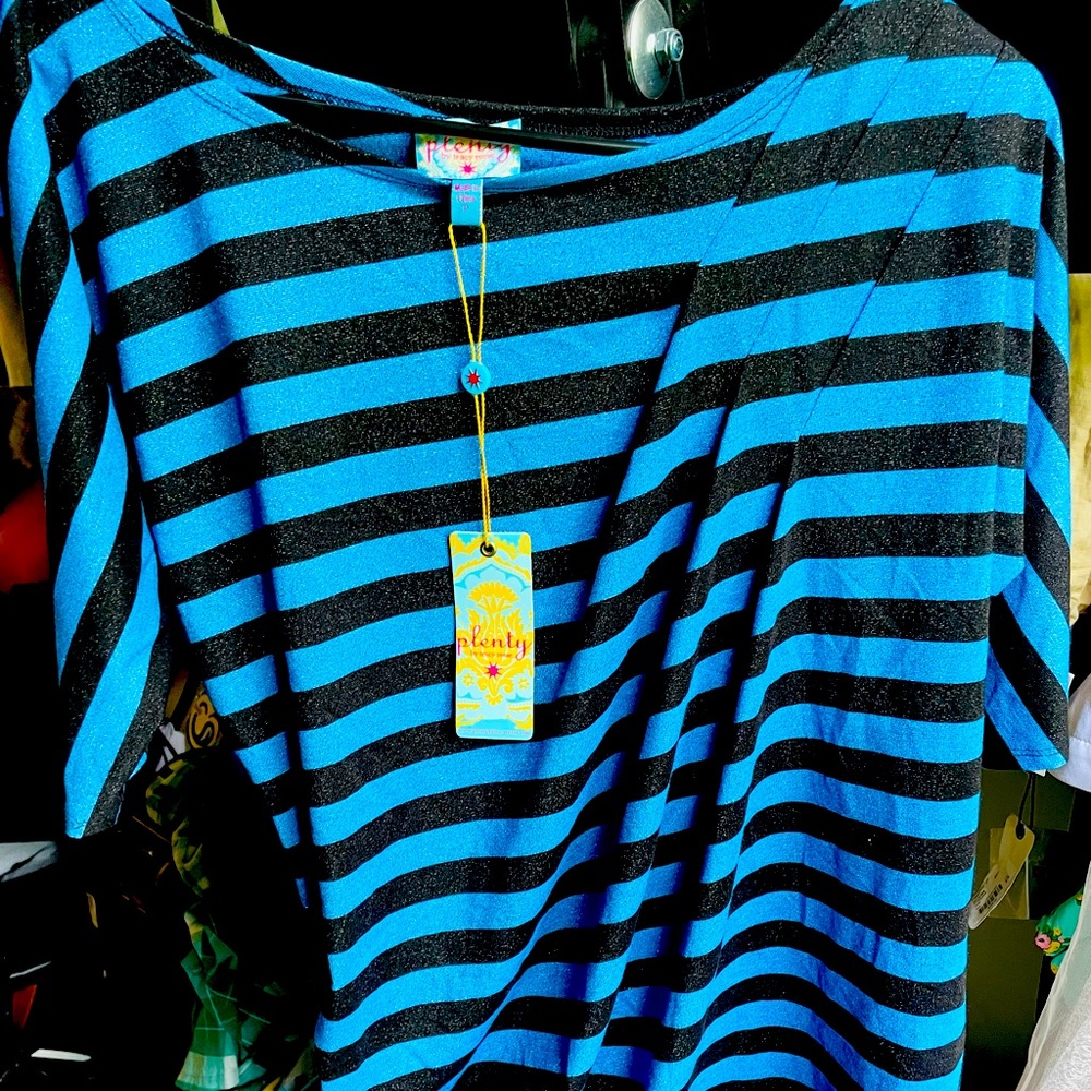 Plenty by Tracy Reese metallic striped asymmetrical short sleeve petite L NWT